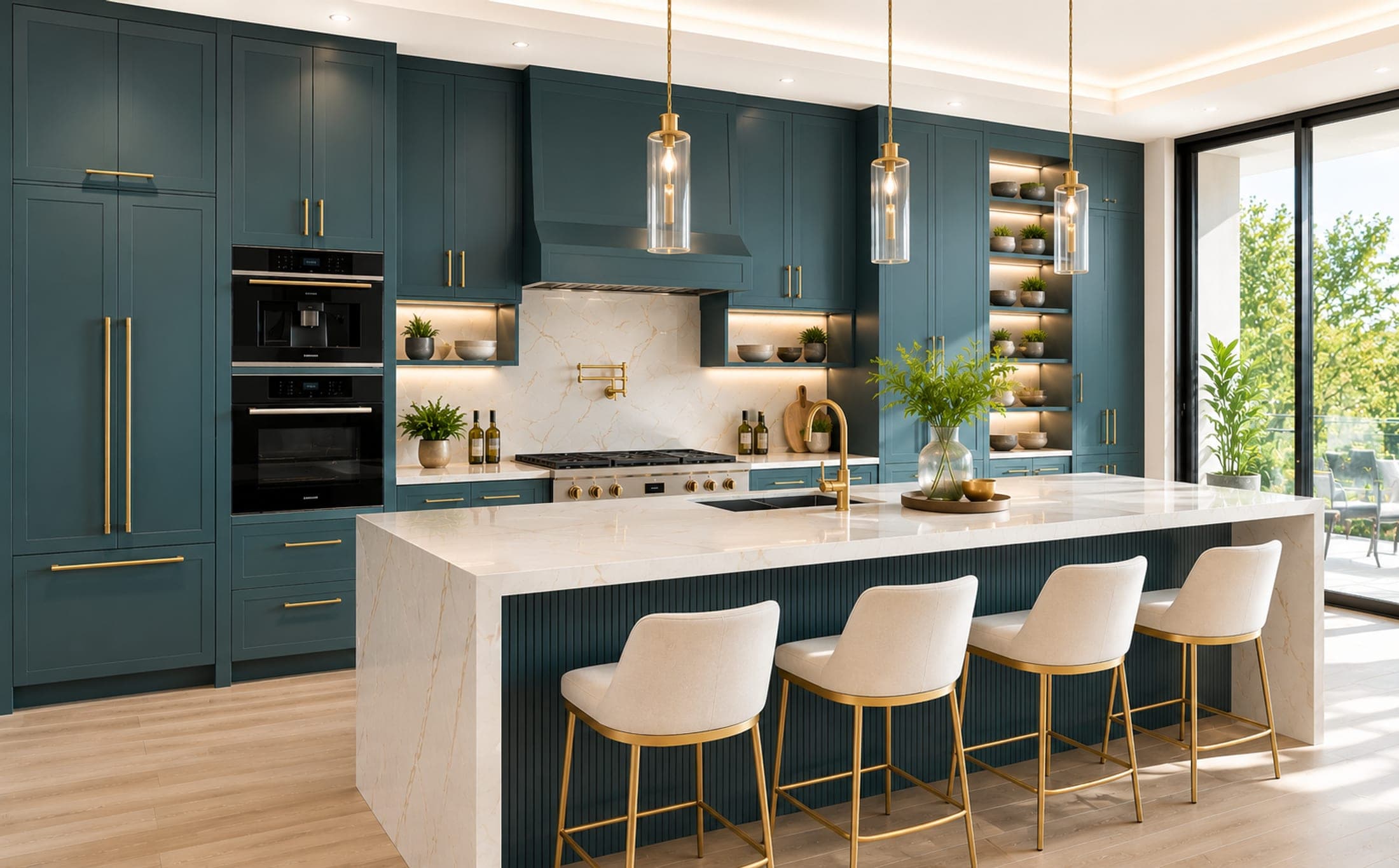 Una cocina remodelada y luminosa con encimeras blancas, estanterías de madera a medida y luz natural